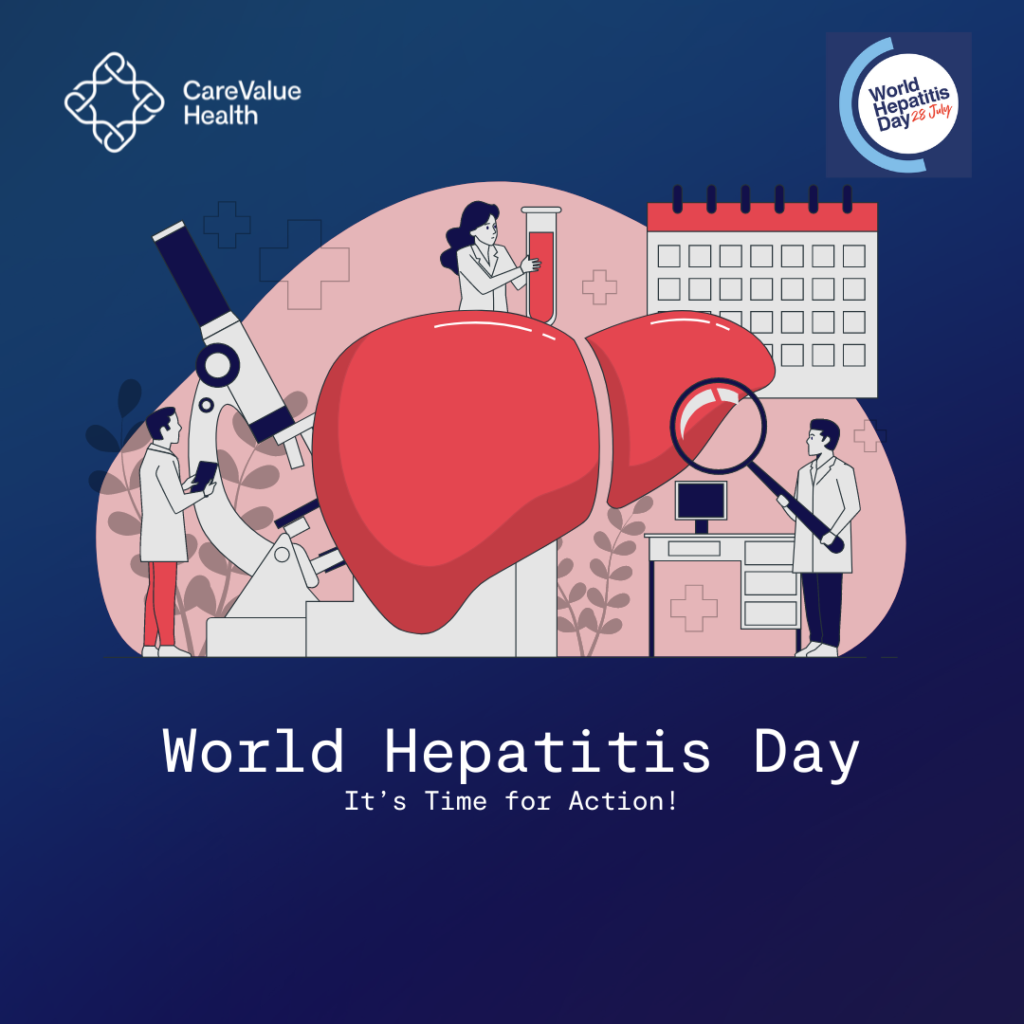 A graphic design for World Hepatitis Day, depicting a lab with doctors working round the clock to find solutions.